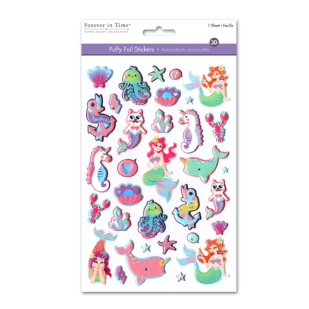 33 3D Puffy Foil Mermaid Stickers (1 Sheet)